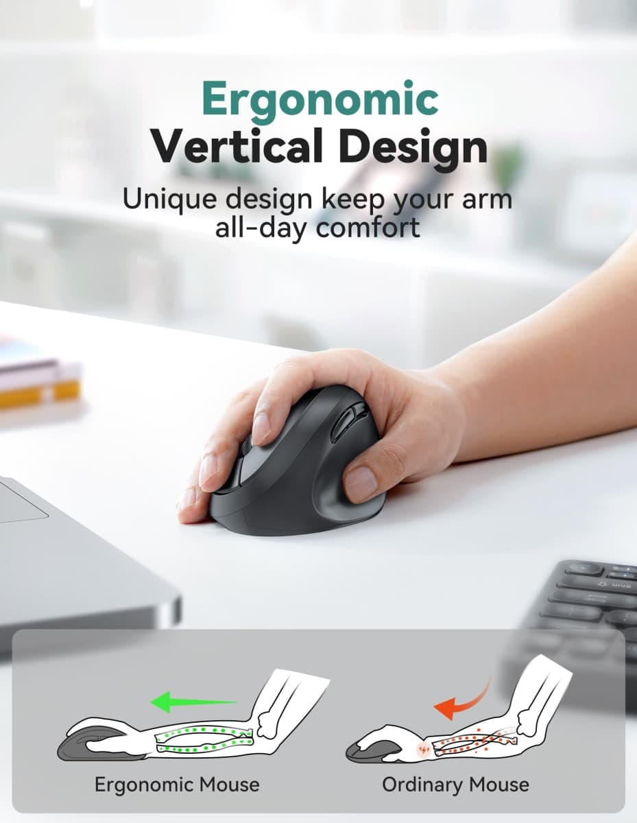 TECKNET Ergonomic Mouse, 4800 DPI 5 Adjustable DPI Levels, Wireless Vertical Mouse, 6 Buttons, 2.4G Silent Mouse for Laptop, PC, Chromebook, Mac - Black thumbnail 2