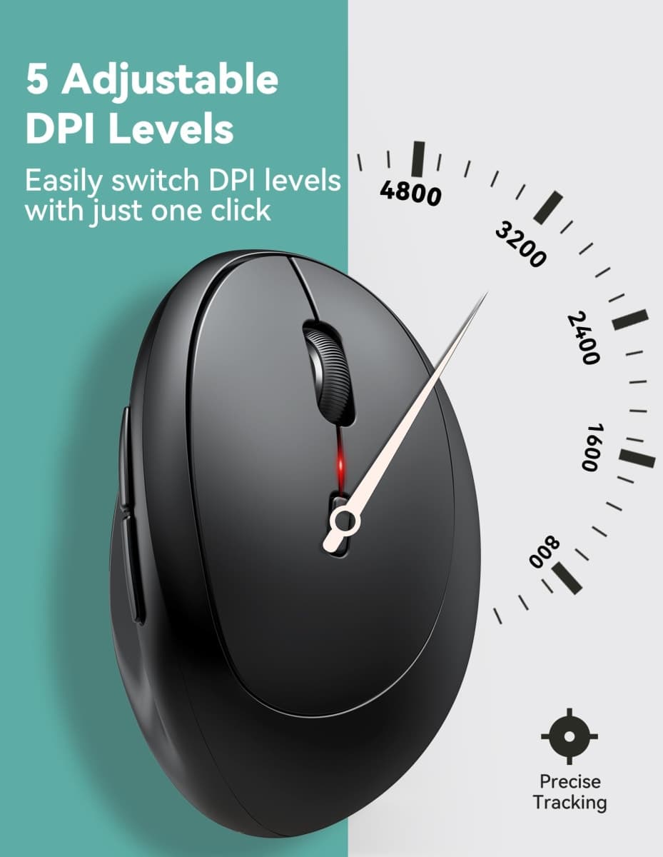 TECKNET Ergonomic Mouse, 4800 DPI 5 Adjustable DPI Levels, Wireless Vertical Mouse, 6 Buttons, 2.4G Silent Mouse for Laptop, PC, Chromebook, Mac - Black thumbnail 4