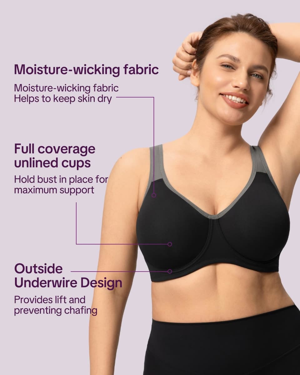 HSIA Sports Bra for Women High Support Large Bust Outside Underwire Adjustable Racerback Unlined Full Coverage Sports Bra thumbnail 4