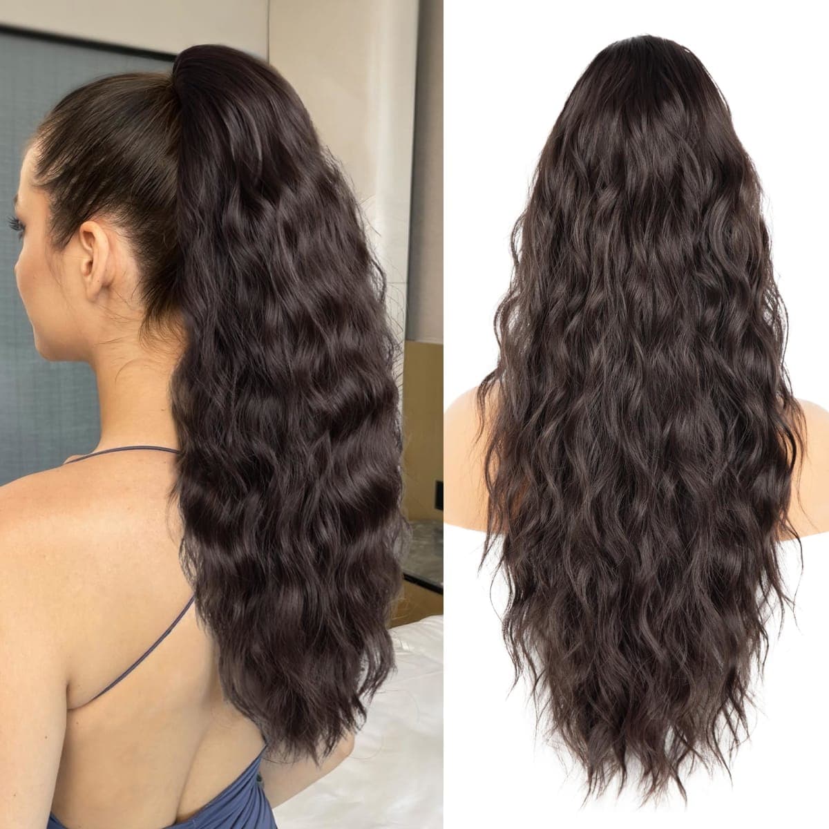 Drawstring Ponytail for Women, 26 inch Dark Brown Ponytail Extension, Long Wavy Pony Tails Hair Extensions, Synthetic Hair Extensions Ponytail for Daily Use (Color: Brown) — image 1