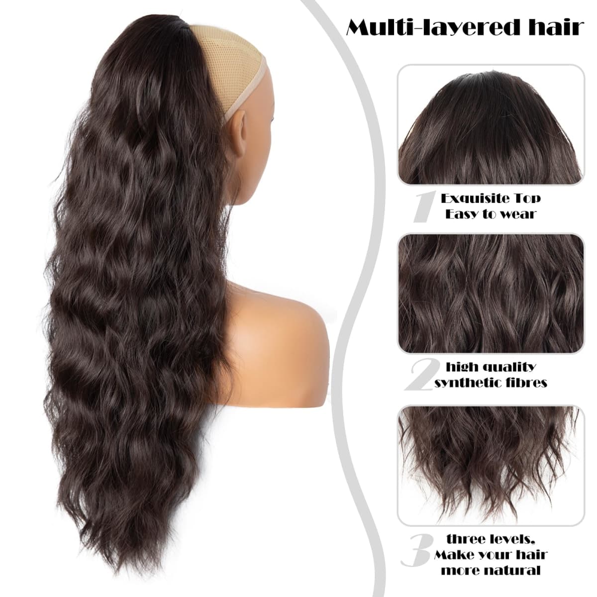 Drawstring Ponytail for Women, 26 inch Dark Brown Ponytail Extension, Long Wavy Pony Tails Hair Extensions, Synthetic Hair Extensions Ponytail for Daily Use (Color: Brown) thumbnail 3