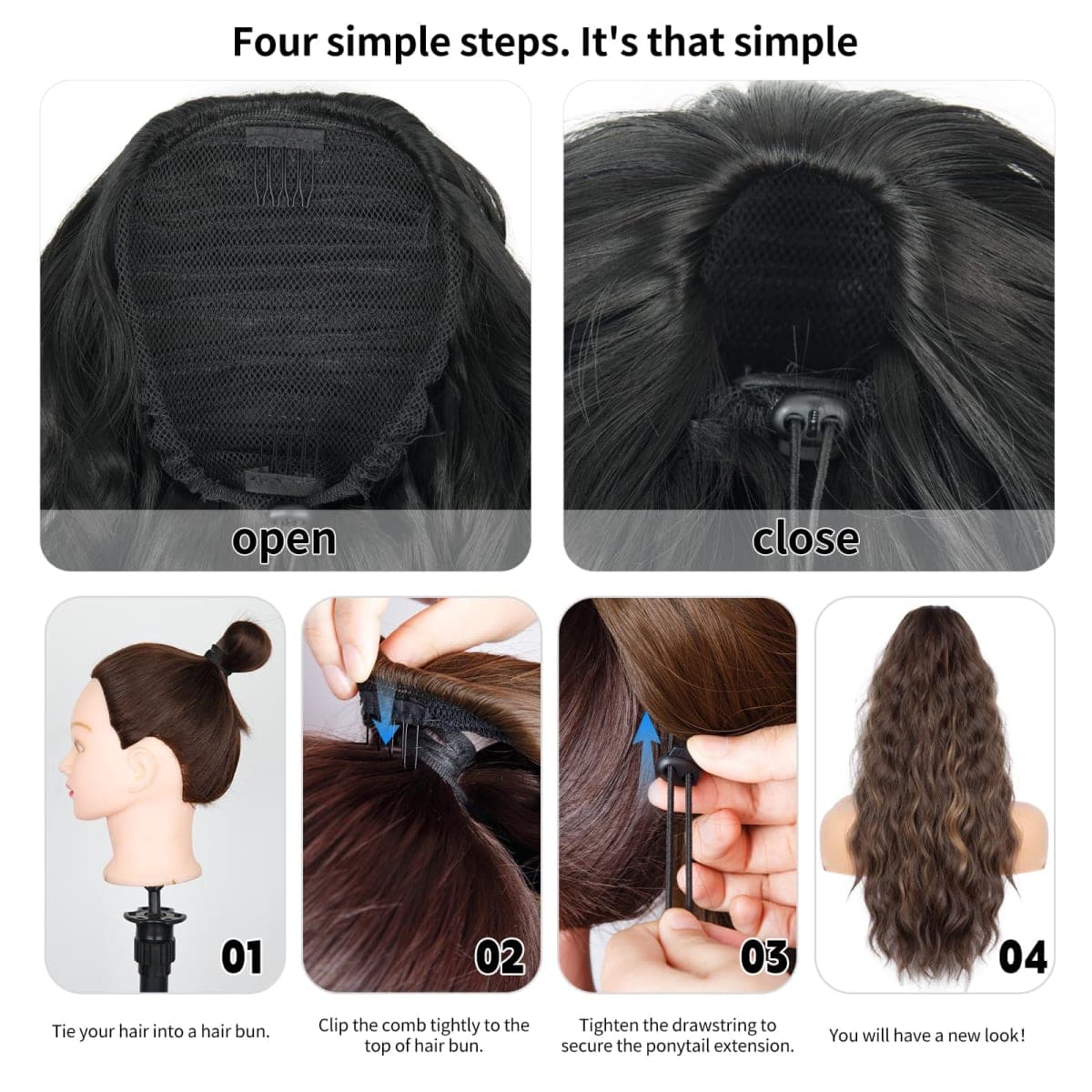 Drawstring Ponytail for Women, 26 inch Dark Brown Ponytail Extension, Long Wavy Pony Tails Hair Extensions, Synthetic Hair Extensions Ponytail for Daily Use (Color: Brown) thumbnail 4