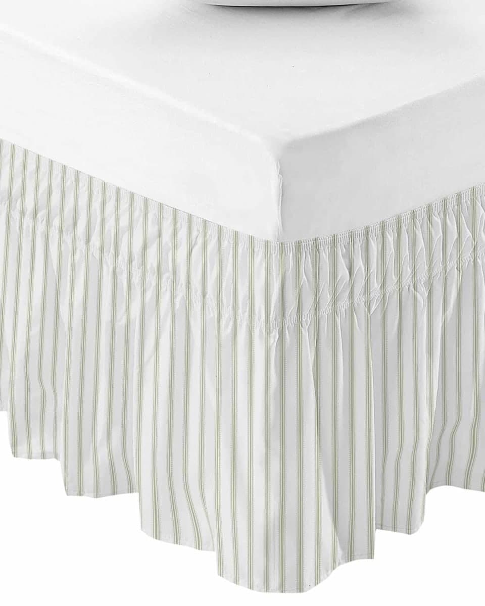 RisQiten Sage Green Striped Bed Skirt Queen Size 18 Inch Drop, Adjustable Elastic Bedskirt Dust Ruffle for Queen Bed, Sage Green White Stripes Farmhouse Wrap Around Bed Skirts Pleated Bed Frame Cover — image 1