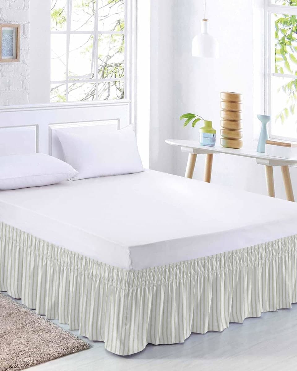 RisQiten Sage Green Striped Bed Skirt Queen Size 18 Inch Drop, Adjustable Elastic Bedskirt Dust Ruffle for Queen Bed, Sage Green White Stripes Farmhouse Wrap Around Bed Skirts Pleated Bed Frame Cover thumbnail 2