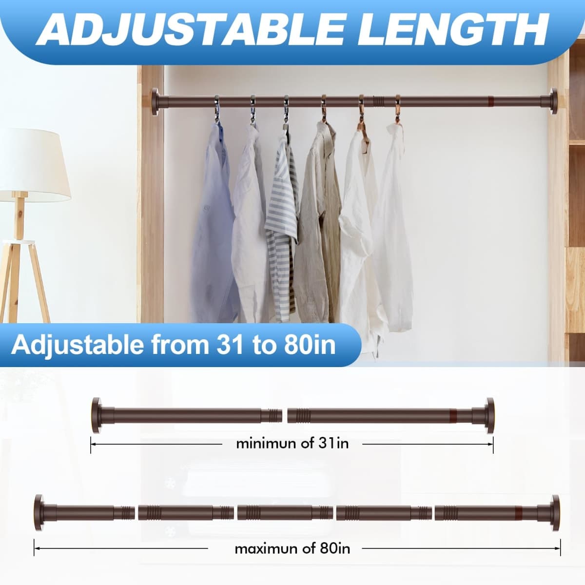CorkLatta Bronze Shower Curtain Rod, 12 to 80 Inch, 1 Inch Diameter, Adjustable Spring Tension, Stainless Steel Telescopic Rod, Easy Installation, No Rust thumbnail 4