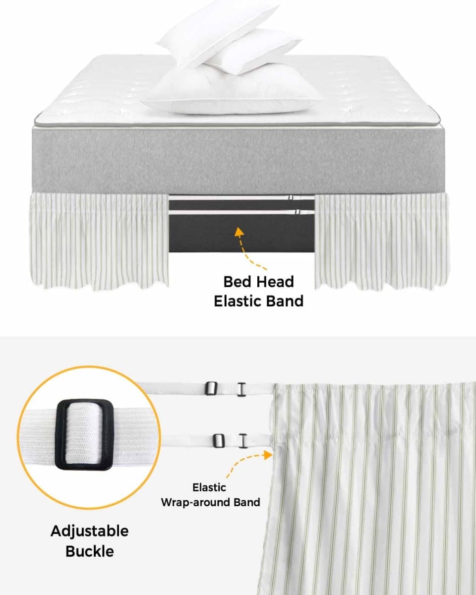 RisQiten Sage Green Striped Bed Skirt Queen Size 18 Inch Drop, Adjustable Elastic Bedskirt Dust Ruffle for Queen Bed, Sage Green White Stripes Farmhouse Wrap Around Bed Skirts Pleated Bed Frame Cover thumbnail 4
