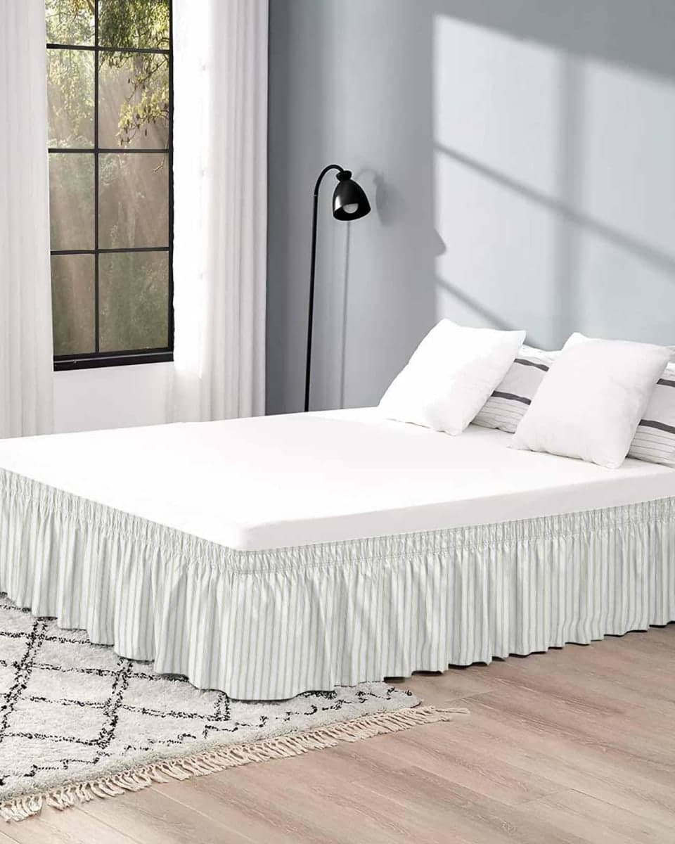 RisQiten Sage Green Striped Bed Skirt Queen Size 18 Inch Drop, Adjustable Elastic Bedskirt Dust Ruffle for Queen Bed, Sage Green White Stripes Farmhouse Wrap Around Bed Skirts Pleated Bed Frame Cover thumbnail 5
