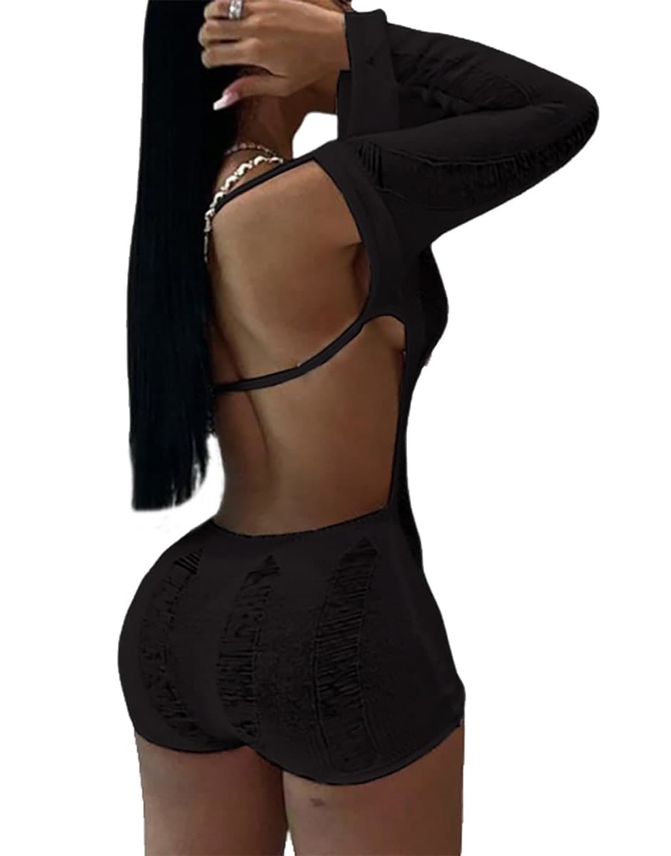 Tinodu Women's Sexy Ribbed Knit Long Sleeve Backless Off Shoulder Bodycon Rompers One Piece Outfits, Black, Small — image 1