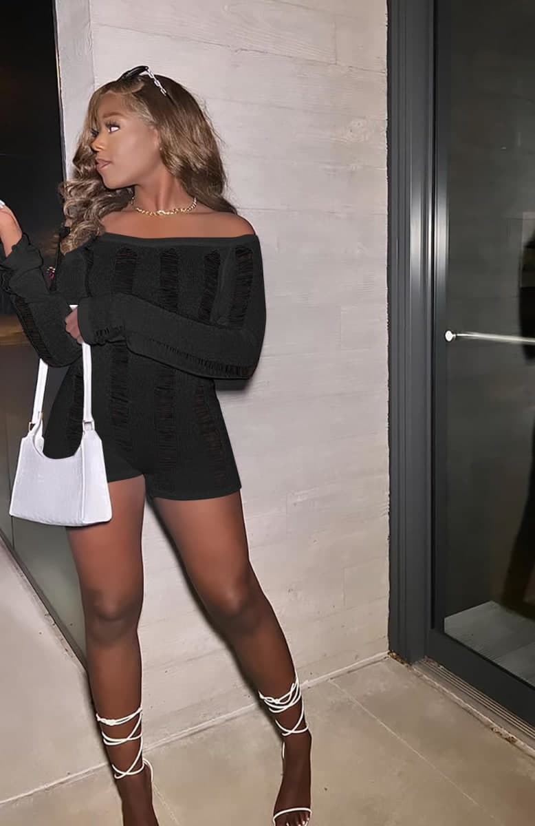Tinodu Women's Sexy Ribbed Knit Long Sleeve Backless Off Shoulder Bodycon Rompers One Piece Outfits, Black, Small thumbnail 4