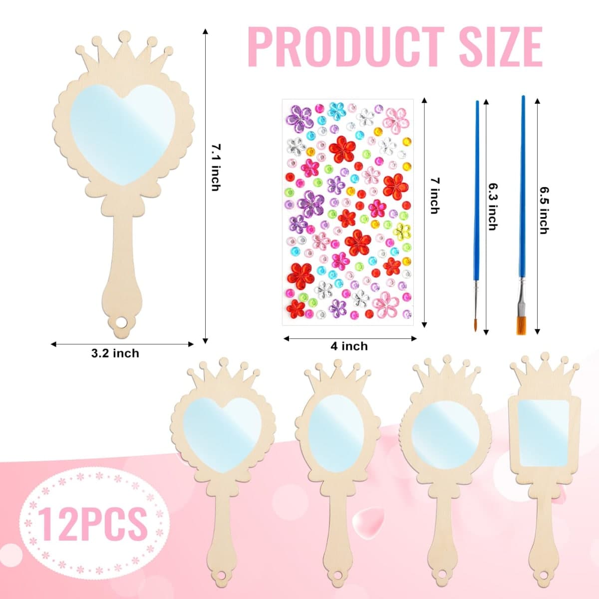 XJWWHZ 24 Pack Wooden Mirror Craft for Kids, DIY Princess Mirrors for Girls, Paint Wooden Hand Mirror for Art Activities thumbnail 2