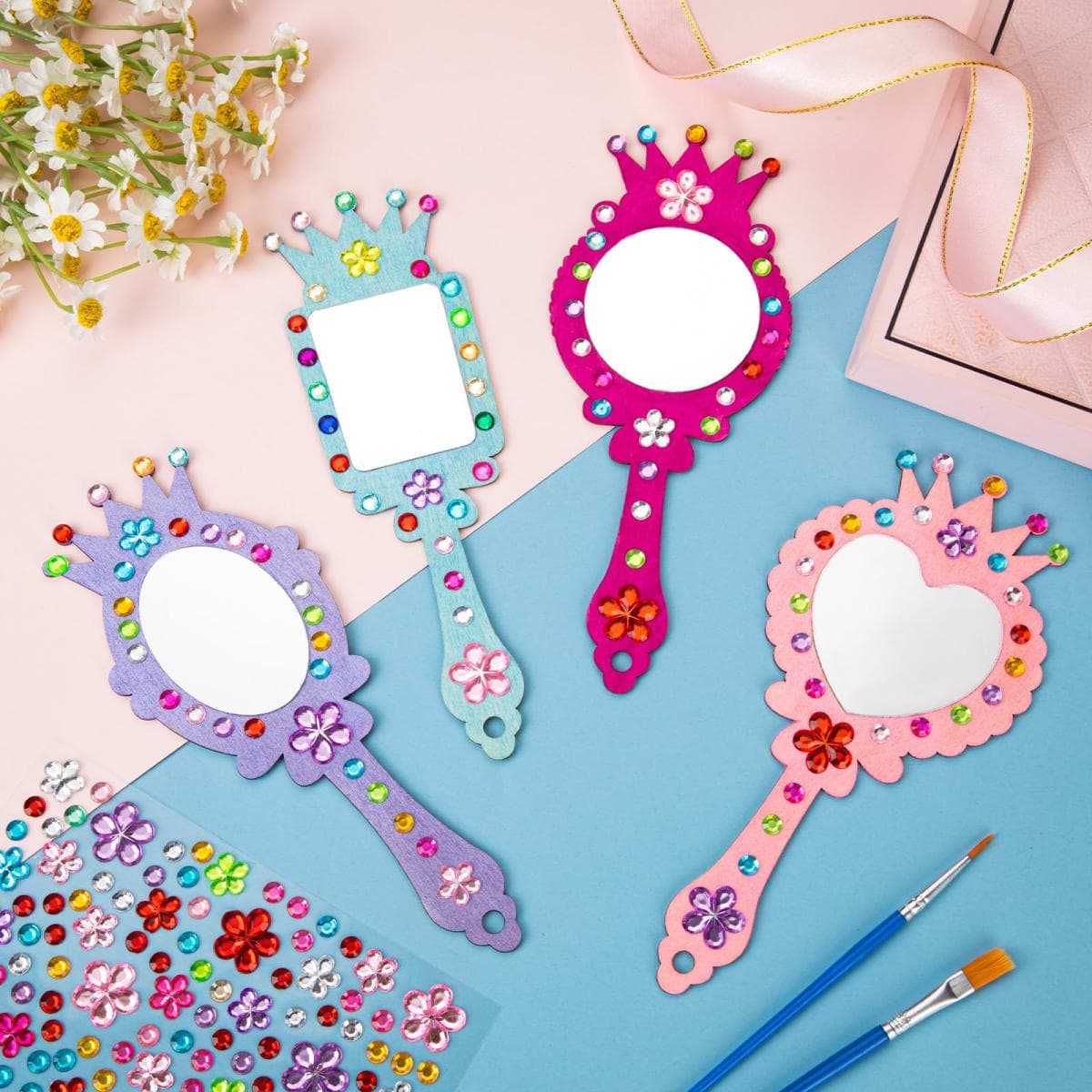XJWWHZ 24 Pack Wooden Mirror Craft for Kids, DIY Princess Mirrors for Girls, Paint Wooden Hand Mirror for Art Activities thumbnail 3