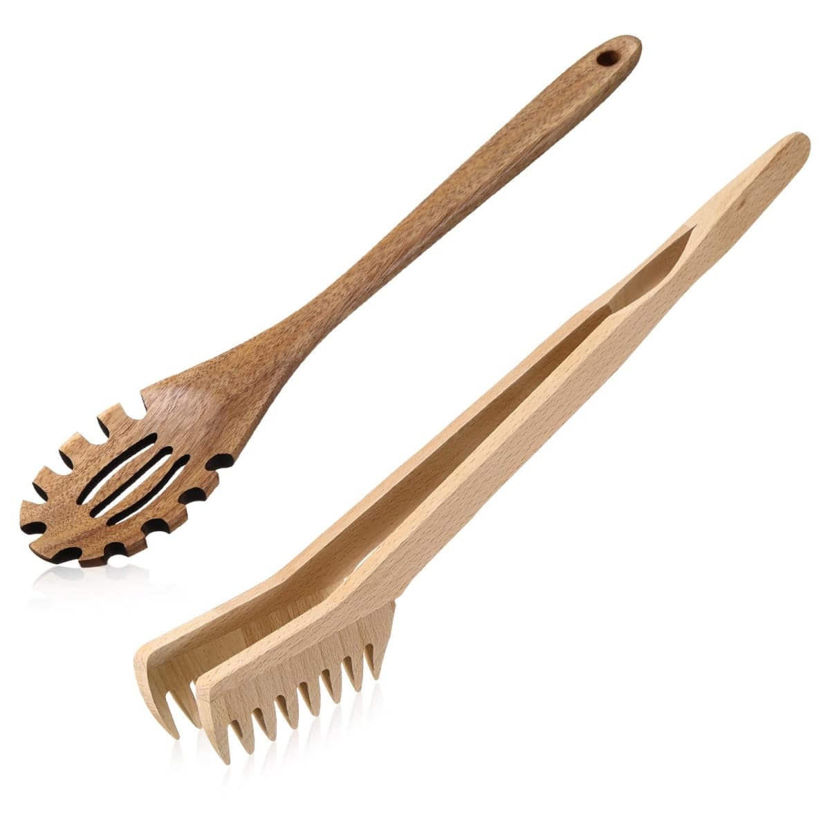 Baderke 2 Pcs Wooden Pasta Spoon with Teeth Large Spaghetti Spoon Utensil, 9.4'' Pasta Tong and 13'' Pasta Fork with Handle, Comfortable Grip Design Server Spoons for Kitchen Spaghetti Noodle — image 1