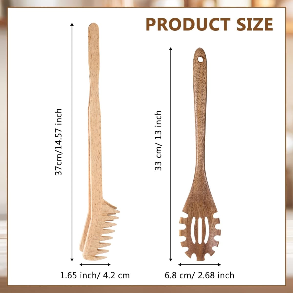 Baderke 2 Pcs Wooden Pasta Spoon with Teeth Large Spaghetti Spoon Utensil, 9.4'' Pasta Tong and 13'' Pasta Fork with Handle, Comfortable Grip Design Server Spoons for Kitchen Spaghetti Noodle thumbnail 2