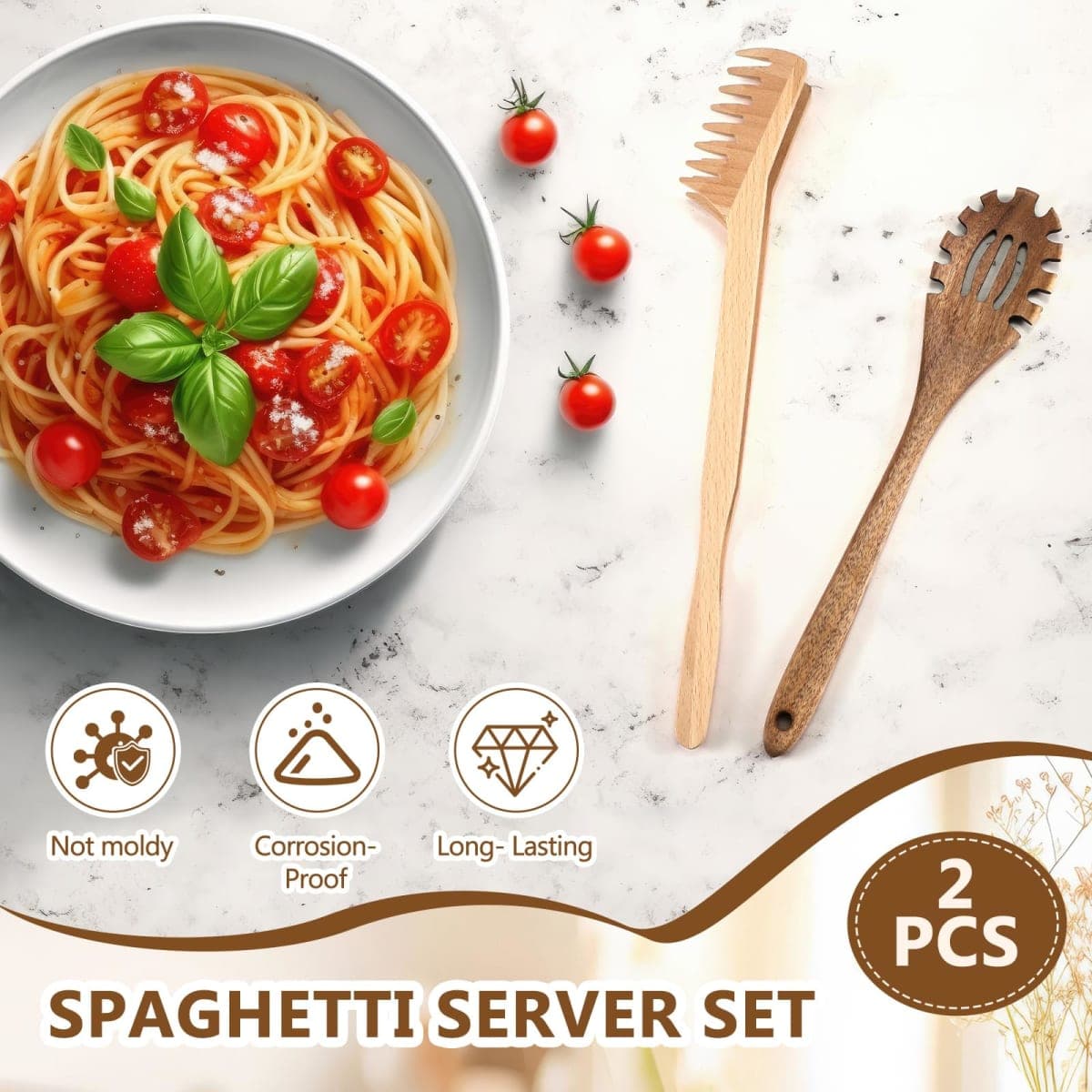 Baderke 2 Pcs Wooden Pasta Spoon with Teeth Large Spaghetti Spoon Utensil, 9.4'' Pasta Tong and 13'' Pasta Fork with Handle, Comfortable Grip Design Server Spoons for Kitchen Spaghetti Noodle thumbnail 3