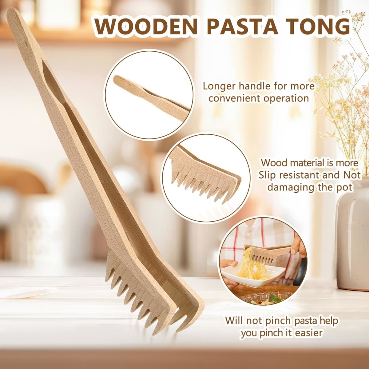Baderke 2 Pcs Wooden Pasta Spoon with Teeth Large Spaghetti Spoon Utensil, 9.4'' Pasta Tong and 13'' Pasta Fork with Handle, Comfortable Grip Design Server Spoons for Kitchen Spaghetti Noodle thumbnail 4