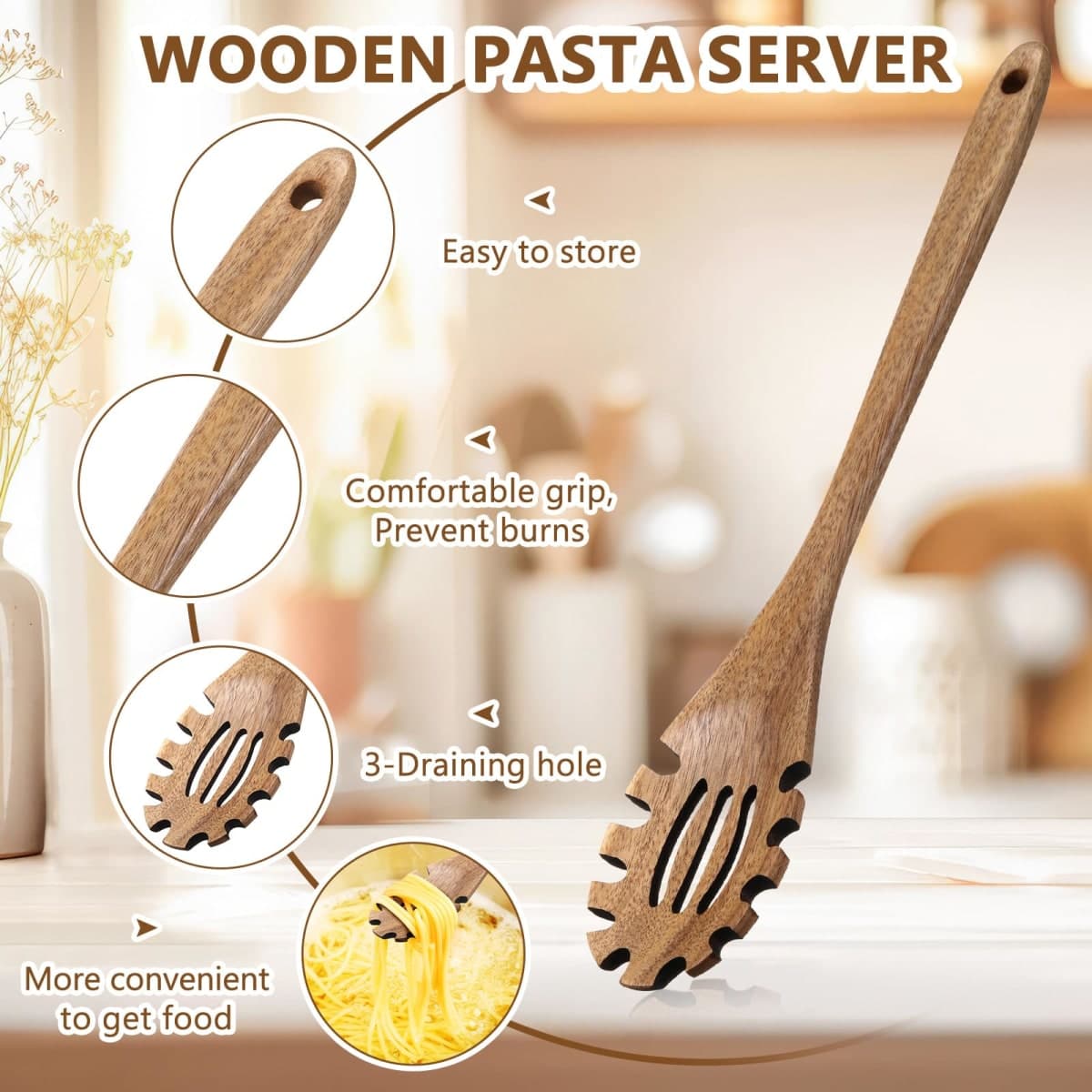 Baderke 2 Pcs Wooden Pasta Spoon with Teeth Large Spaghetti Spoon Utensil, 9.4'' Pasta Tong and 13'' Pasta Fork with Handle, Comfortable Grip Design Server Spoons for Kitchen Spaghetti Noodle thumbnail 5