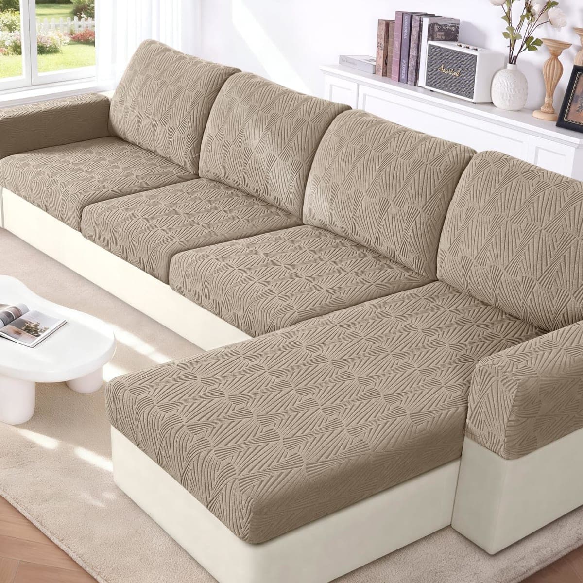 VANSOFY Couch Cushion Covers for Sectional Sofa, Stretch Jacquard Couch Seat Cushion Covers, Individual Washable Furniture Protector Sofa Slipcovers for Pet (1Pc Seater or Back Cover, Khaki) — image 1