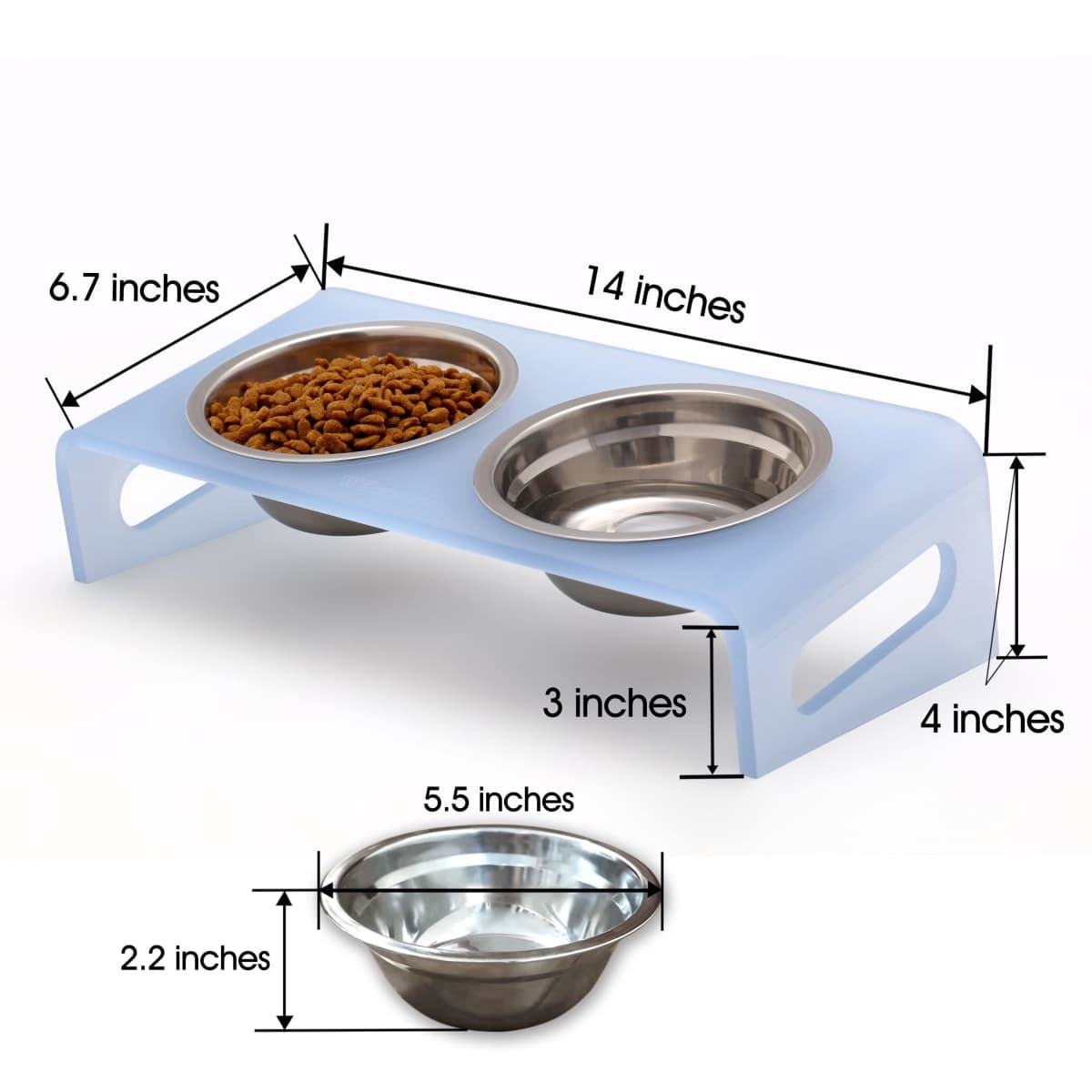 Tilted Raised Elevated Food and Water Bowls Stand for Cat or Small Dogs - Puppy's Clear Acrylic Stainless Steel Dishes Holder for Boy or Girl Pet,Modern,Durable and Easy to Clean by WBhonghui (Blue) thumbnail 2