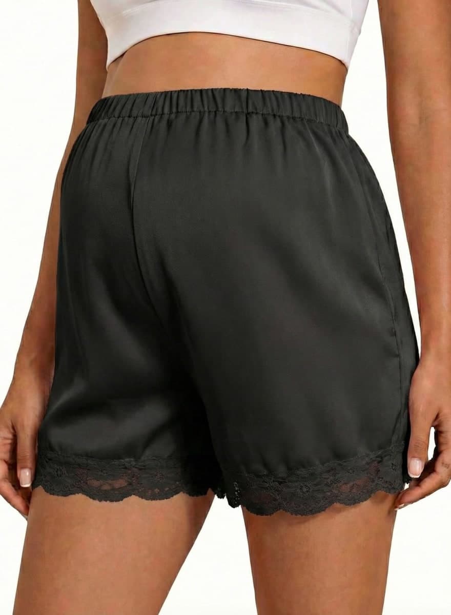 BLENCOT Women's Lace Trim Satin Maternity Shorts Adjustable Elastic Waist Pregnancy Pajamas Casual Short Pants, Black, Large — image 1
