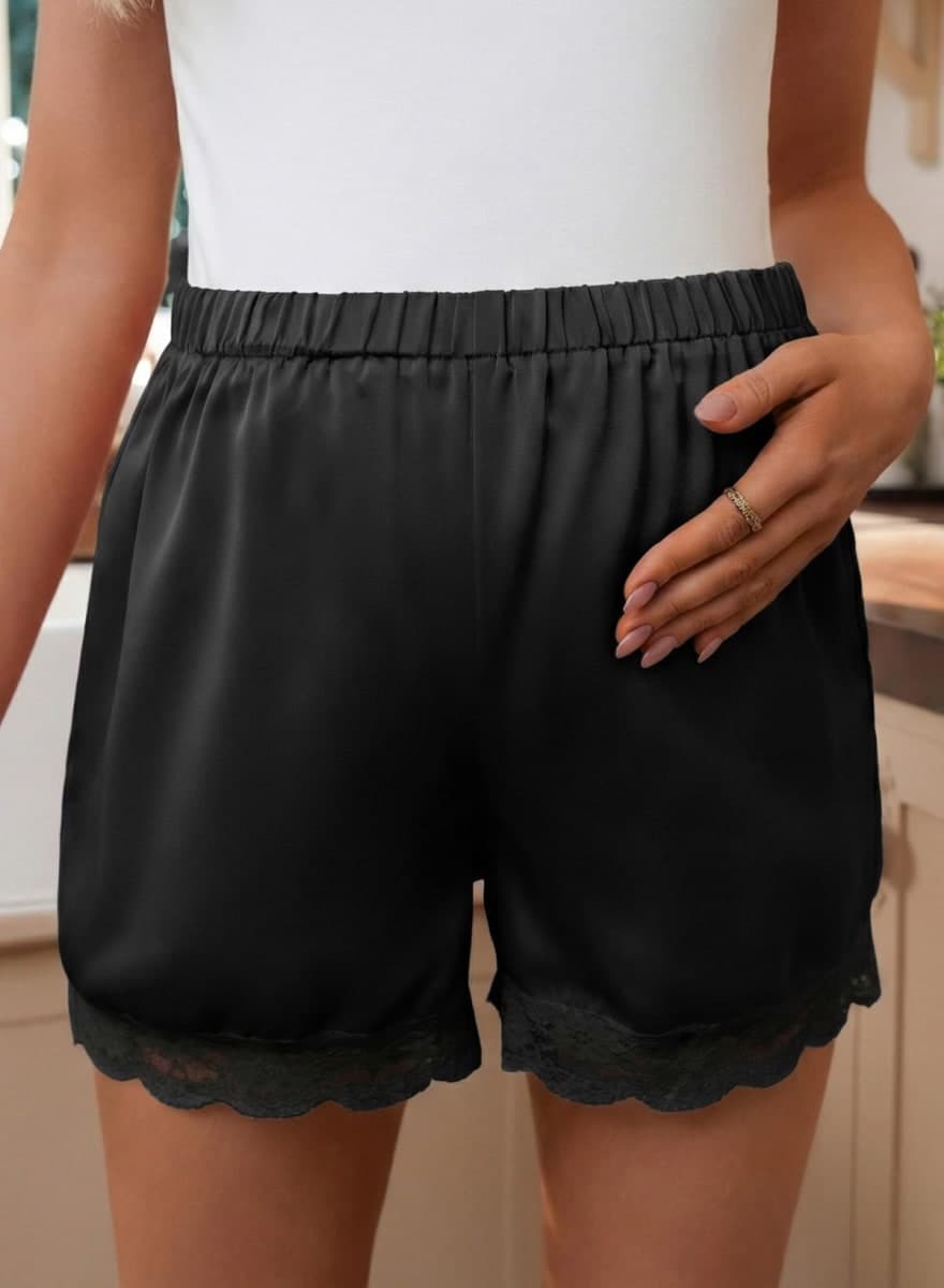 BLENCOT Women's Lace Trim Satin Maternity Shorts Adjustable Elastic Waist Pregnancy Pajamas Casual Short Pants, Black, Large thumbnail 2