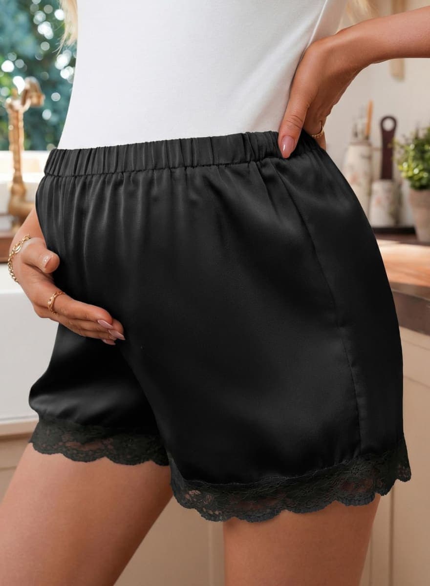 BLENCOT Women's Lace Trim Satin Maternity Shorts Adjustable Elastic Waist Pregnancy Pajamas Casual Short Pants, Black, Large thumbnail 3