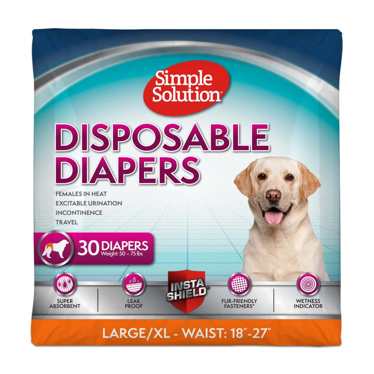 Simple Solution Disposable Dog Diapers for Female Dogs, True Fit, Absorbent, Leak Proof with Wetness Indicator, XL Puppy & Doggie Period Pad and Pee Diaper, for Large Pets, 18-27 Inch Waist, 30 Count — image 1