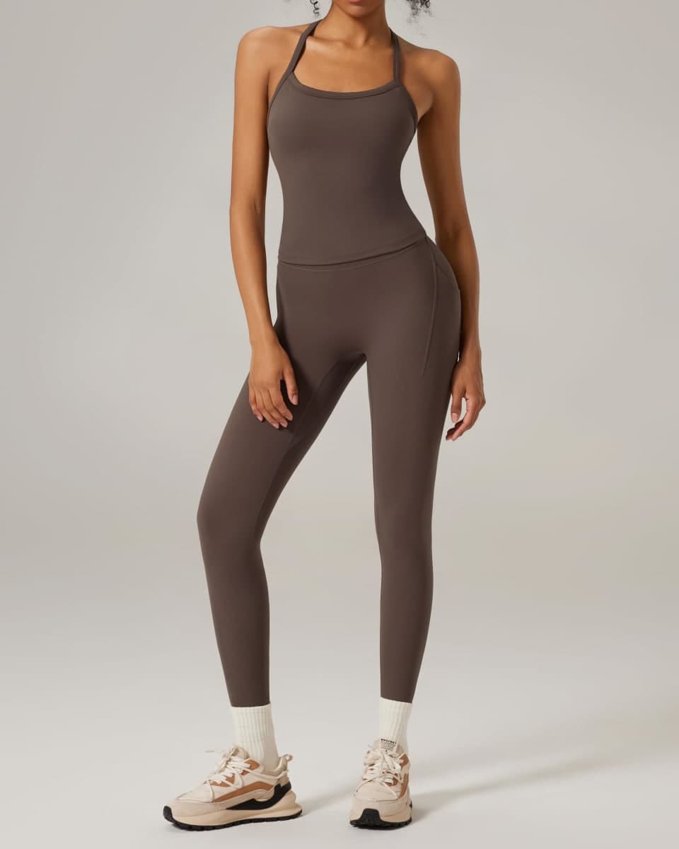 RXRXCOCO Cross Back Workout Sets for Women 2 Piece Padded Tank Tops Hidden Scrunch Leggings Gym Outfits with Pockets, Brown, Large thumbnail 2