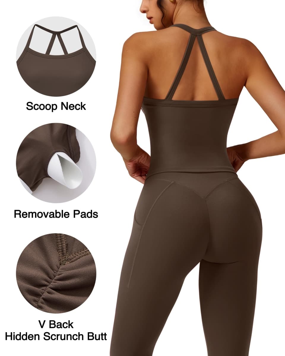 RXRXCOCO Cross Back Workout Sets for Women 2 Piece Padded Tank Tops Hidden Scrunch Leggings Gym Outfits with Pockets, Brown, Large thumbnail 4