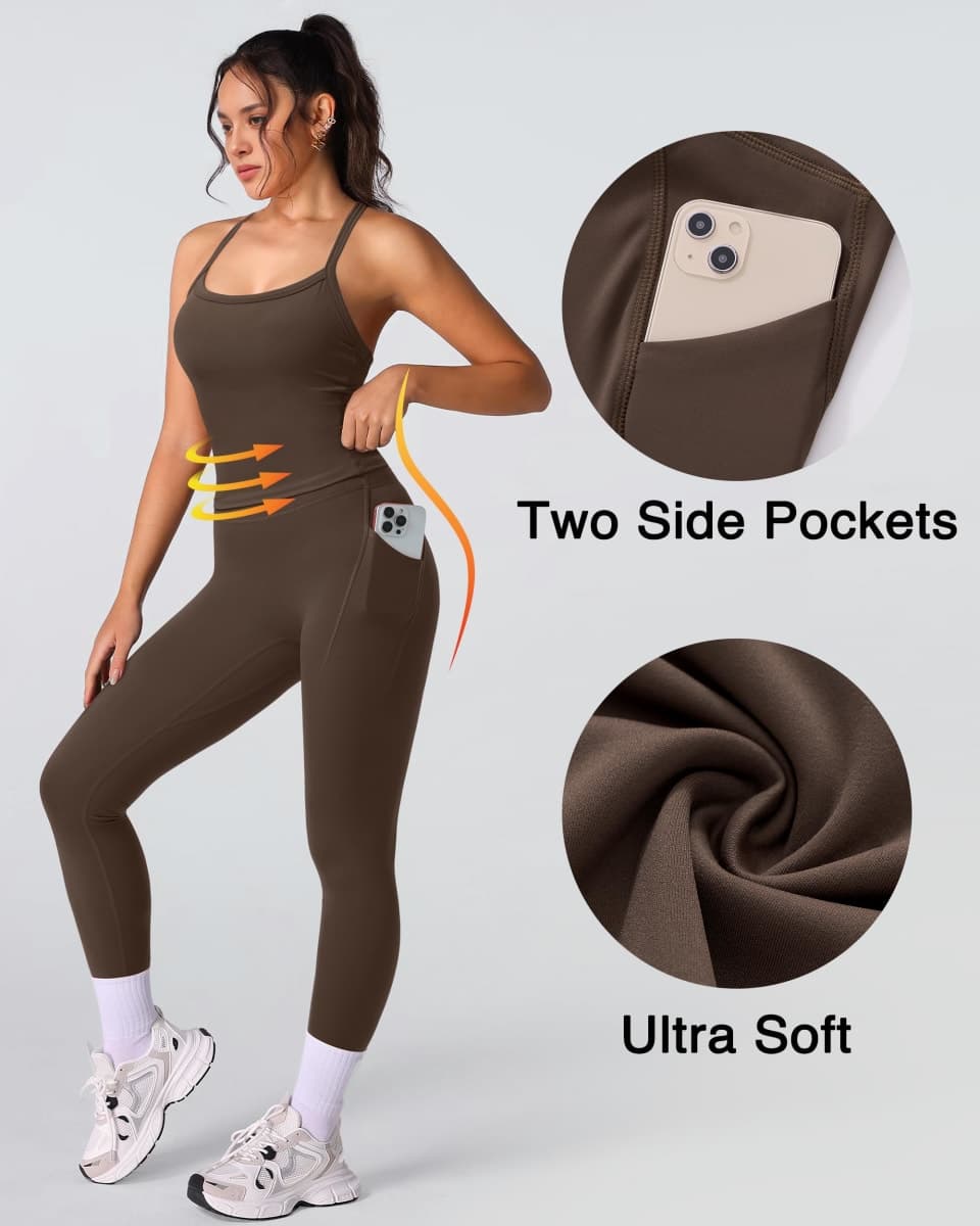 RXRXCOCO Cross Back Workout Sets for Women 2 Piece Padded Tank Tops Hidden Scrunch Leggings Gym Outfits with Pockets, Brown, Large thumbnail 5