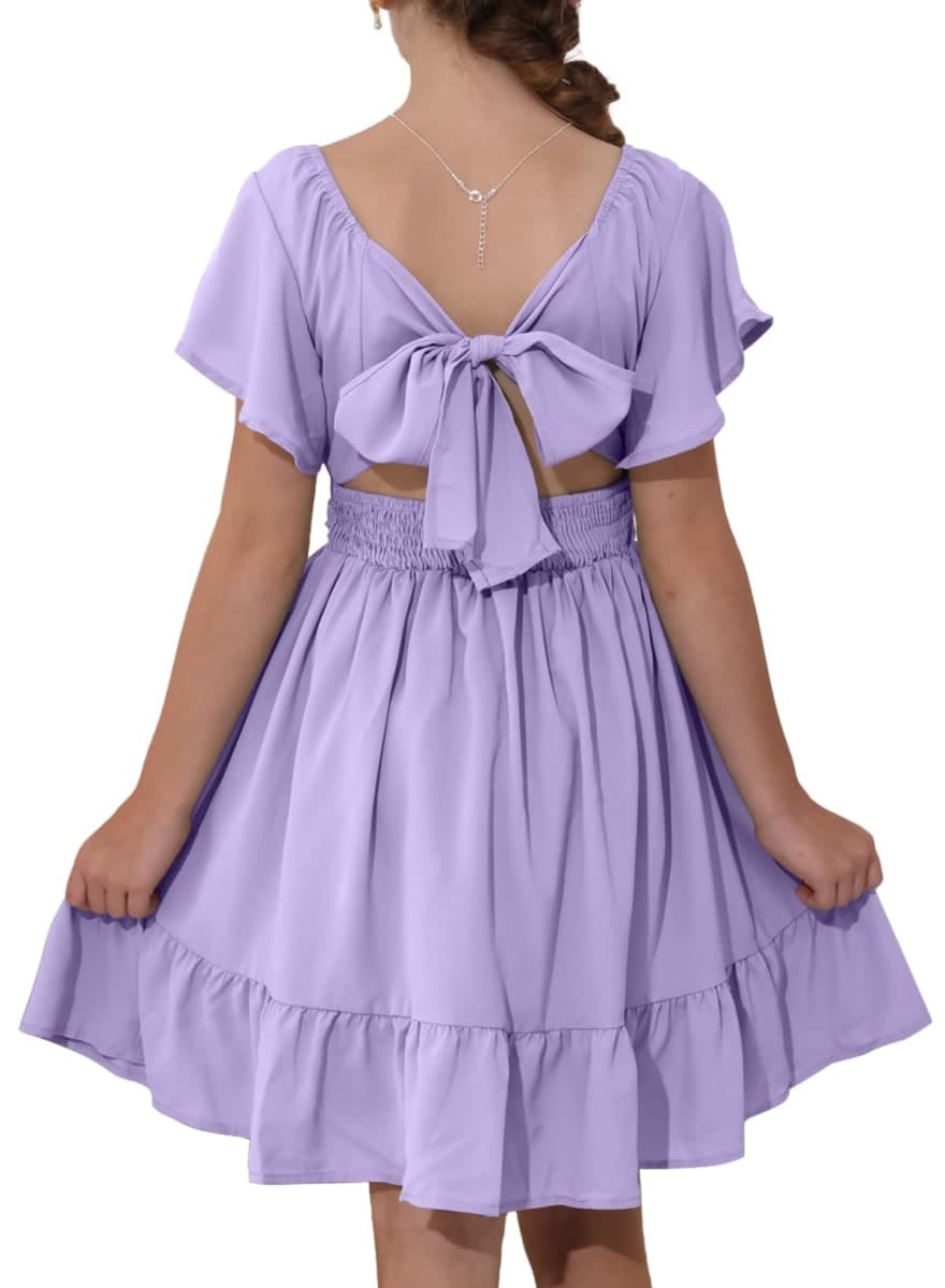 blibean Tween Girls Spring Dresses Big Kids Flower Girl Dress Elegant Ruffle Short Sleeve Tie Back Graduation Vestidos para Niñas Size 8-9 Lavender — image 1