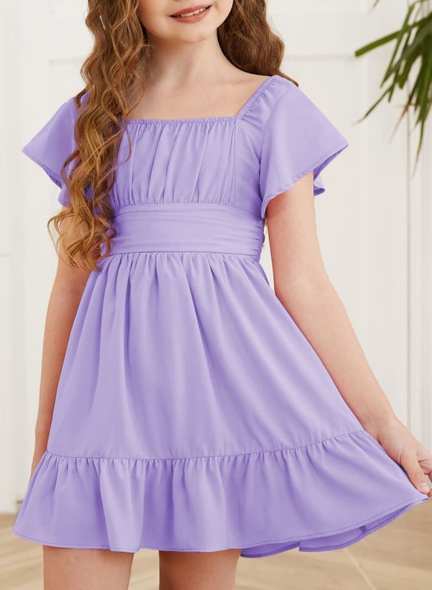 blibean Tween Girls Spring Dresses Big Kids Flower Girl Dress Elegant Ruffle Short Sleeve Tie Back Graduation Vestidos para Niñas Size 8-9 Lavender thumbnail 2