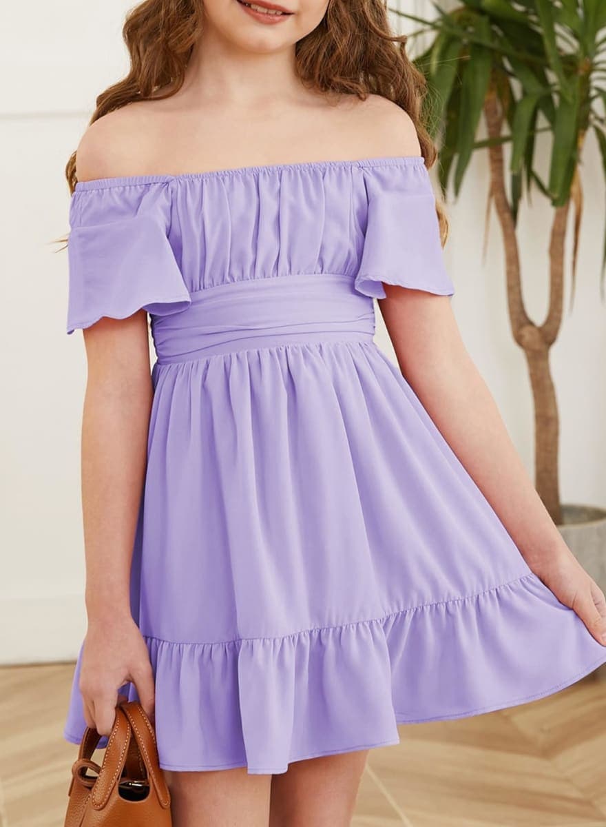 blibean Tween Girls Spring Dresses Big Kids Flower Girl Dress Elegant Ruffle Short Sleeve Tie Back Graduation Vestidos para Niñas Size 8-9 Lavender thumbnail 4