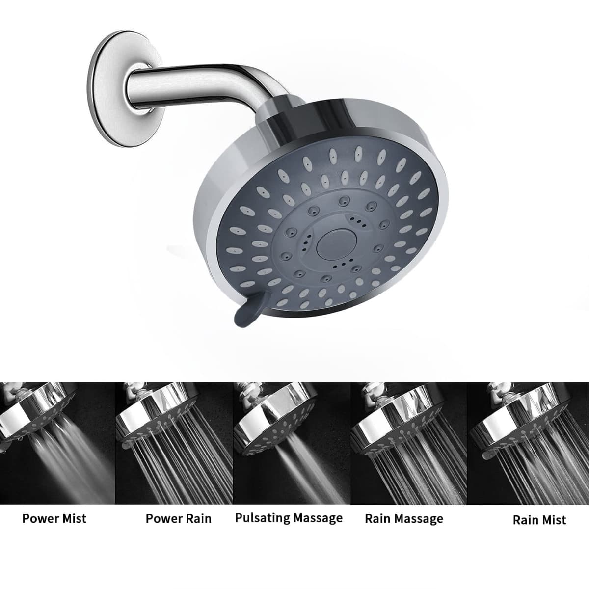 Aisoso Shower Head High Pressure Rain Fixed Showerhead 5-Setting with Adjustable Metal Swivel Ball Joint - Relaxed Shower Experience Even at Low Water Flow & Pressure thumbnail 3