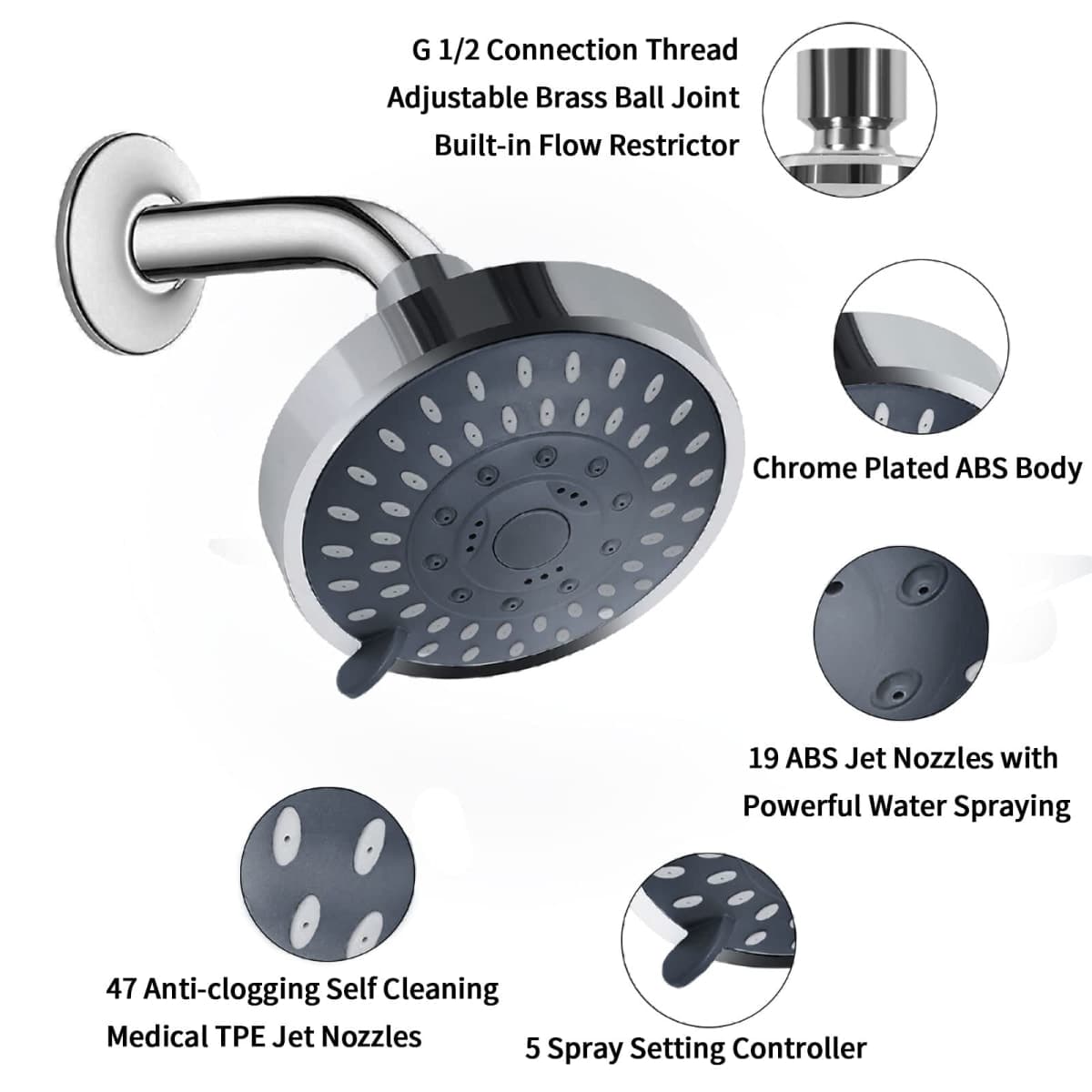 Aisoso Shower Head High Pressure Rain Fixed Showerhead 5-Setting with Adjustable Metal Swivel Ball Joint - Relaxed Shower Experience Even at Low Water Flow & Pressure thumbnail 4