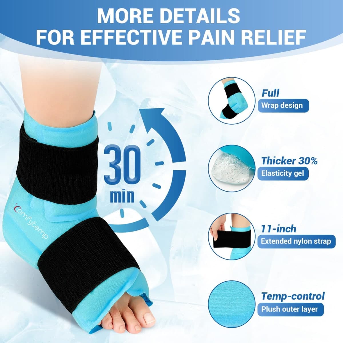 Comfytemp Ankle Foot Ice Pack Wrap for Plantar Fasciitis Relief, Ankles Brace for Sprain, Heel Spur, Swelling, Achilles Tendonitis, Cold Bag for Injuries Reusable, Hot Cold Compress, 2 Pack (Blue) thumbnail 2