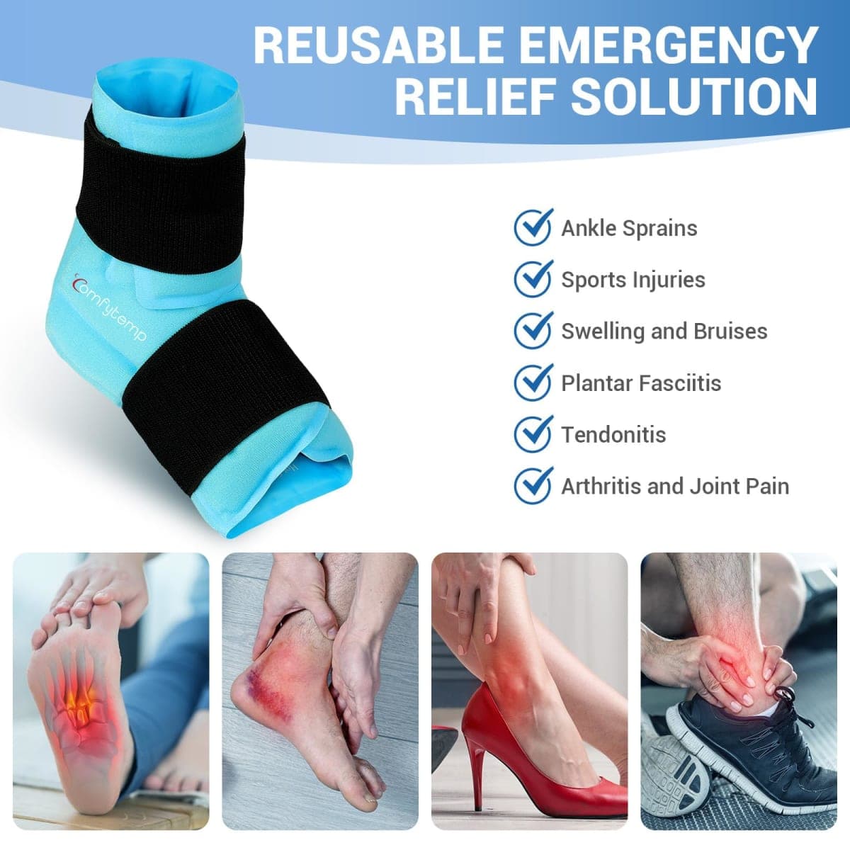 Comfytemp Ankle Foot Ice Pack Wrap for Plantar Fasciitis Relief, Ankles Brace for Sprain, Heel Spur, Swelling, Achilles Tendonitis, Cold Bag for Injuries Reusable, Hot Cold Compress, 2 Pack (Blue) thumbnail 3