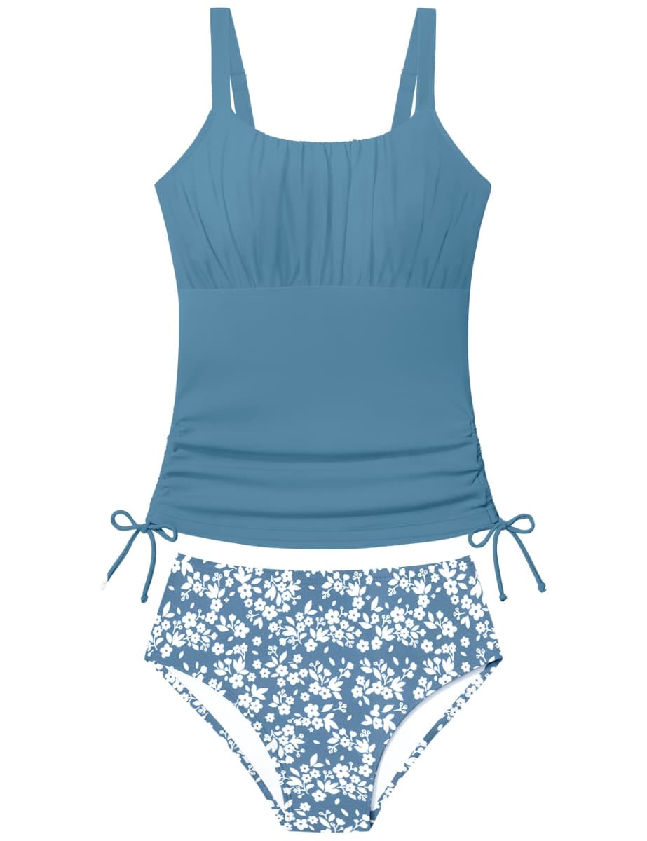 DONWEN Girls Tankini Swimsuit 2 Piece Bathing Suits for Girls Drawstring Tank Top and Leaf-Print Bottoms Bottoms for 9-16Y, Slate Blue, 15-16 Years — image 1