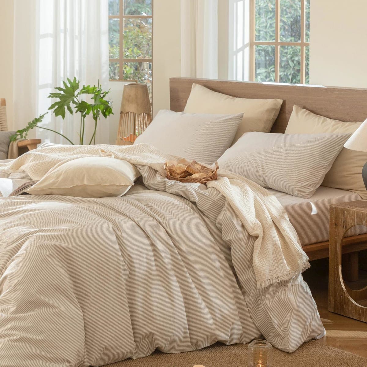 MooMee Bedding Duvet Cover Set Striped 100% Washed Cotton Linen Like Textured Breathable Durable Soft Comfy (Tannish Linen Grey White Pinstripes, King 104"x90") thumbnail 3