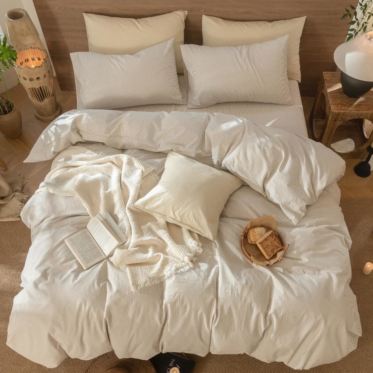 MooMee Bedding Duvet Cover Set Striped 100% Washed Cotton Linen Like Textured Breathable Durable Soft Comfy (Tannish Linen Grey White Pinstripes, King 104"x90") thumbnail 5