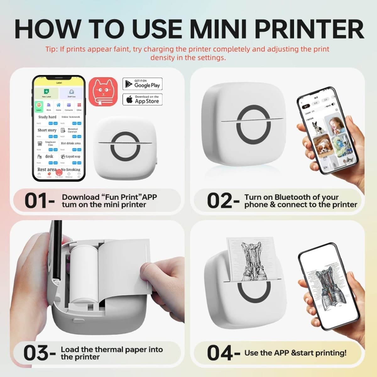 Mini Printer Sticker Thermal Printer with 3 Rolls Paper, Portable Phone Printer,Study Printer for Pictures, Photos, Journals, DIY, Compatible with Phone & Tablet. thumbnail 4