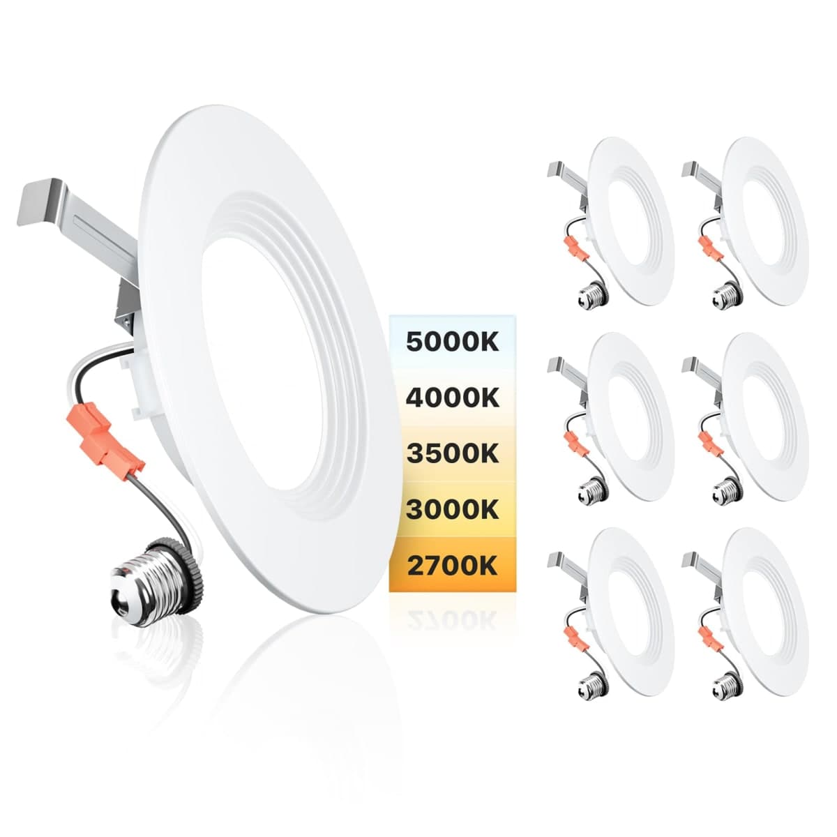 Ensenior 5/6 Inch 5CCT LED Pot Lights 6 Pack, Retrofit Recessed Led Ceiling Lighting, Baffle Trim, Dimmable, 9W=110W, 1000LM, 2700K/3000K/3500K/4000K/5000K Selectable, IC Rated - FCC (6, 6 Inch) — image 1
