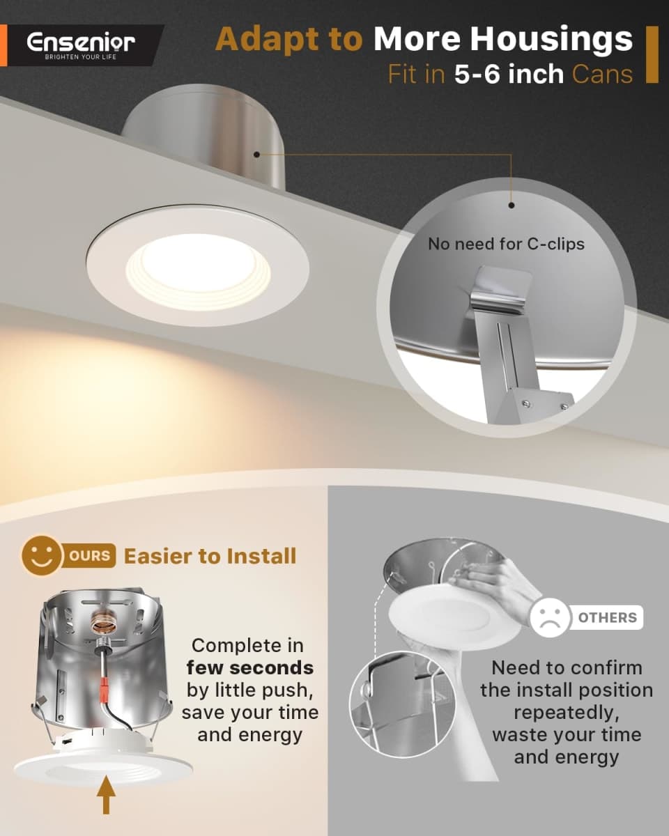 Ensenior 5/6 Inch 5CCT LED Pot Lights 6 Pack, Retrofit Recessed Led Ceiling Lighting, Baffle Trim, Dimmable, 9W=110W, 1000LM, 2700K/3000K/3500K/4000K/5000K Selectable, IC Rated - FCC (6, 6 Inch) thumbnail 2