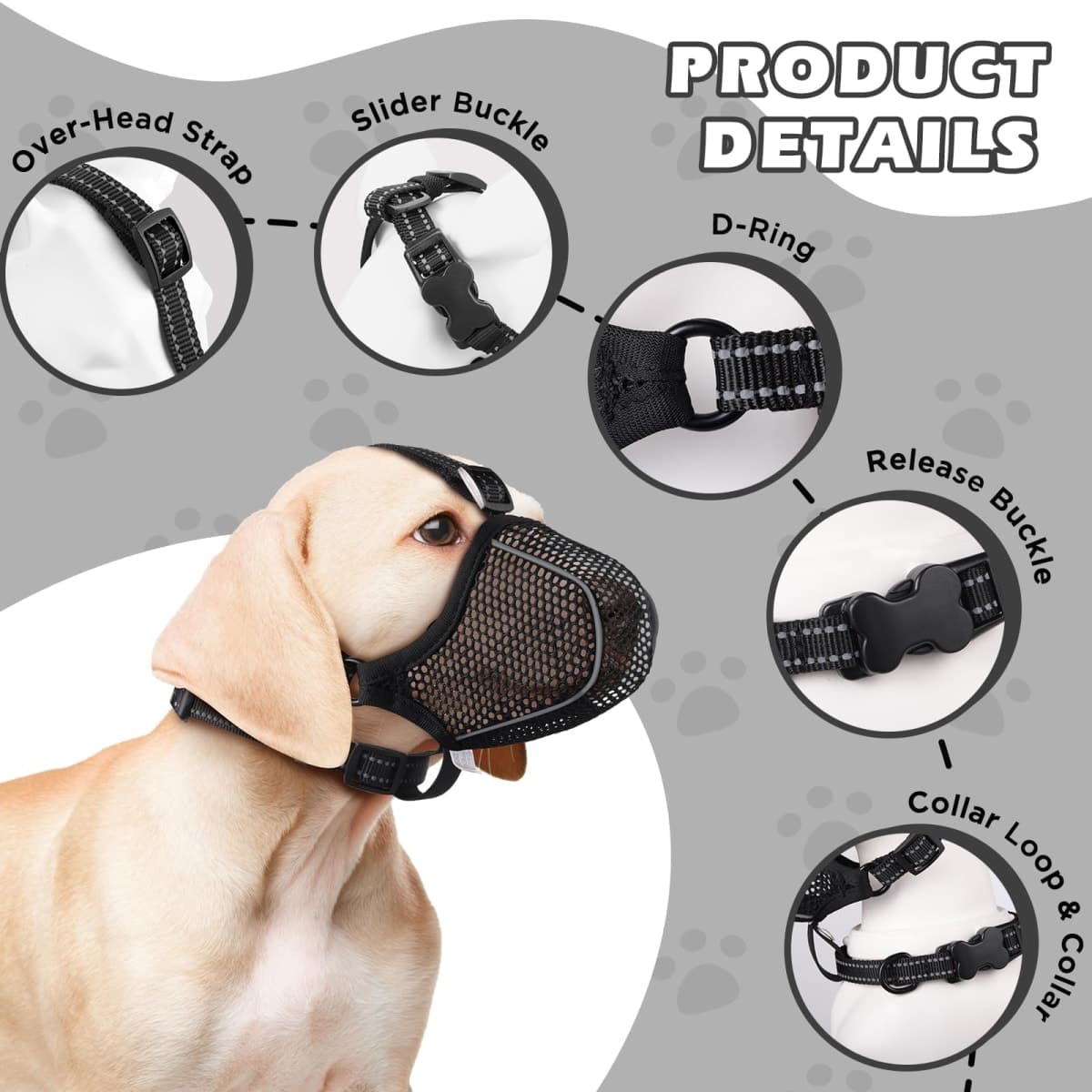 BONTHEE Dog Muzzle,Mesh Soft Muzzle for Small Medium Large Sized Dogs, Breathable Reflective Adjustable Puppy Muzzles with Collar for Scavenging Grooming Biting Chewing,Allows Panting and Drinking thumbnail 2