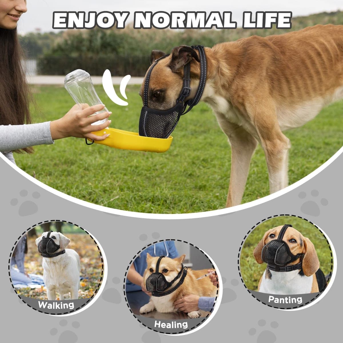BONTHEE Dog Muzzle,Mesh Soft Muzzle for Small Medium Large Sized Dogs, Breathable Reflective Adjustable Puppy Muzzles with Collar for Scavenging Grooming Biting Chewing,Allows Panting and Drinking thumbnail 5
