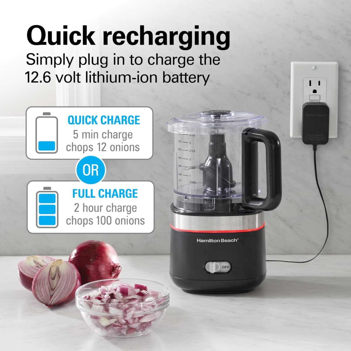 Hamilton Beach Cordless Food Chopper & Mini Food Processor, 4 Cup Capacity, Rechargeable Lithium Ion Battery, Fast Recharging, Chop, Puree, Emulsify & Grind, Black, 72880 thumbnail 5