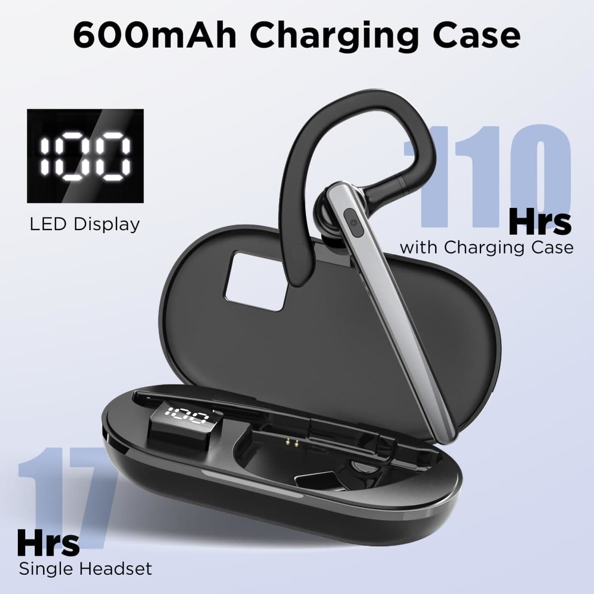 TERUNSOUl Bluetooth Headset V5.3, Wireless Bluetooth Earpiece with 600mAh Charging Case, 110H Playtime, Hands Free Headset for Cell Phone and Computer with Built-in Microphone for Work Trucker Office thumbnail 2