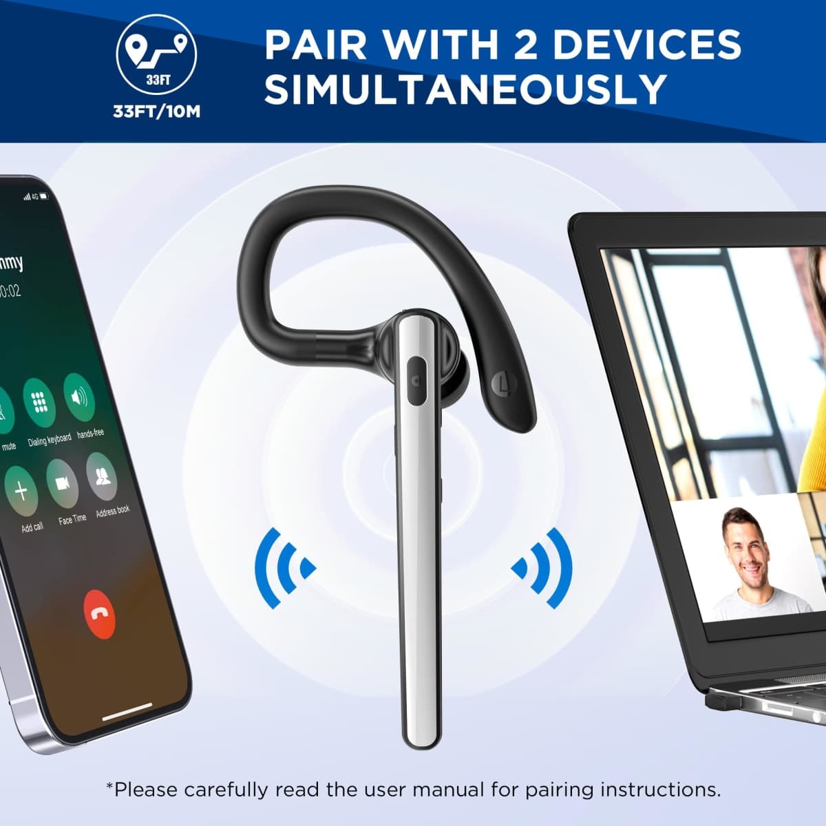 TERUNSOUl Bluetooth Headset V5.3, Wireless Bluetooth Earpiece with 600mAh Charging Case, 110H Playtime, Hands Free Headset for Cell Phone and Computer with Built-in Microphone for Work Trucker Office thumbnail 3