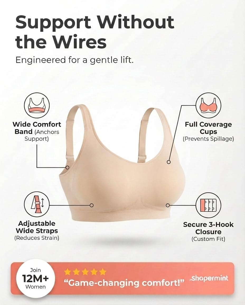 SHAPERMINT Wireless Bras for Women - Seamless Bralette with Full Support & Adjustable Straps, Plus Size Comfort Bra, No Underwire Wirefree Womens Bra for Full Coverage Beige thumbnail 4