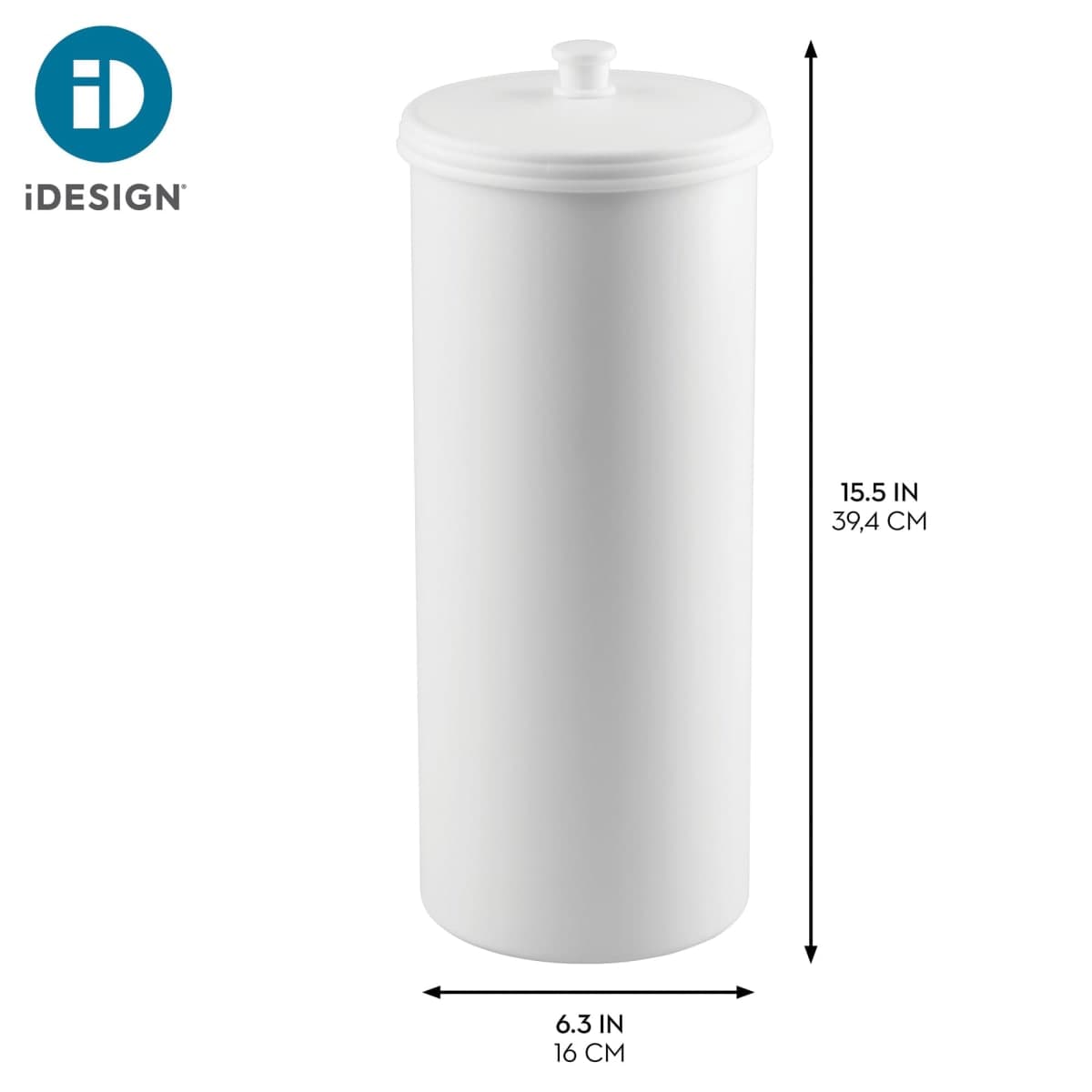 iDesign Kent Plastic Toilet Paper Tissue Roll Reserve Canister, Free-Standing Organizer for Master, Guest, Kid's, Office Bathroom or Closet, 6.25" x 6.25" x 15.5" - White thumbnail 4