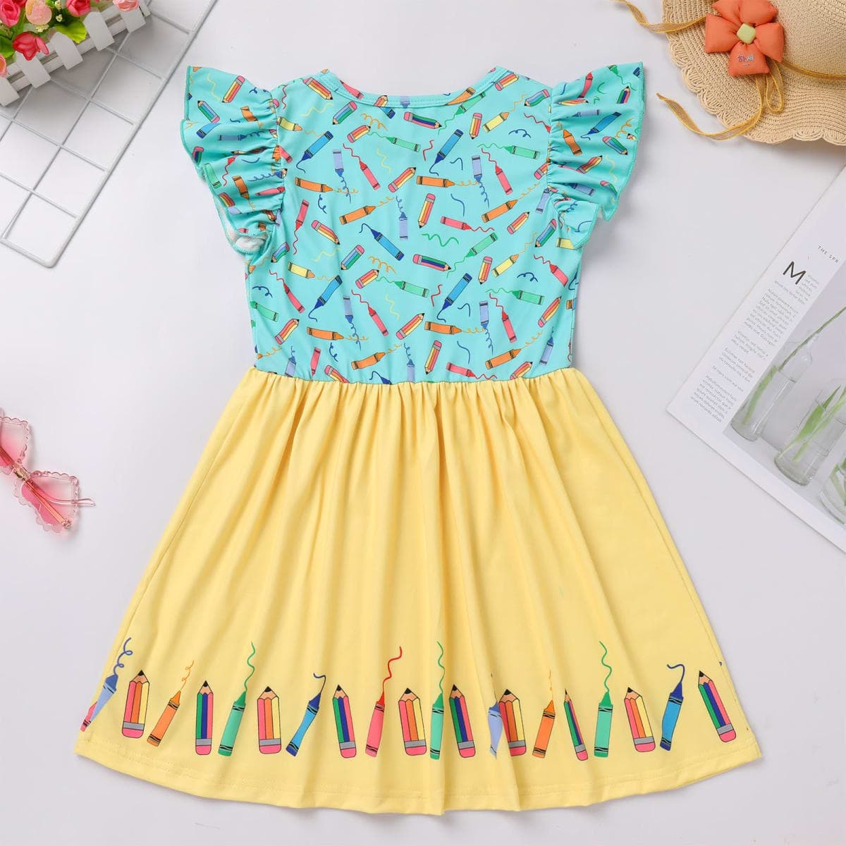 IDOPIP Back to School Dress for Girls Toddler Baby Apple Pencil Print Casual Birthday Party Dress First Day of School Outfits, Green + Yellow Pencil, 5-6 Years thumbnail 2